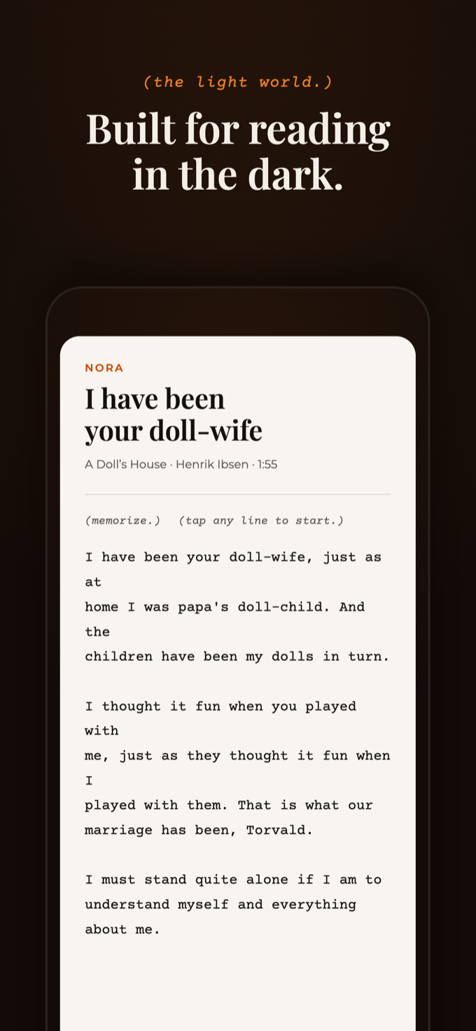 Ghost Light reading view: Nora's doll-wife speech from A Doll's House on a warm paper background